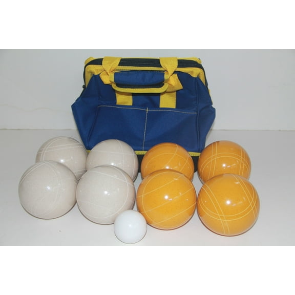 Italian/American Made, 110mm EPCO Bocce Set - Rustic Yellow/White Balls and Blue/Yellow Bag
