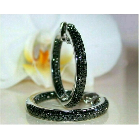 3Ct Round Cut Black Onyx Hoop Engagement Women's Earrings 14K White Gold Finish Silver