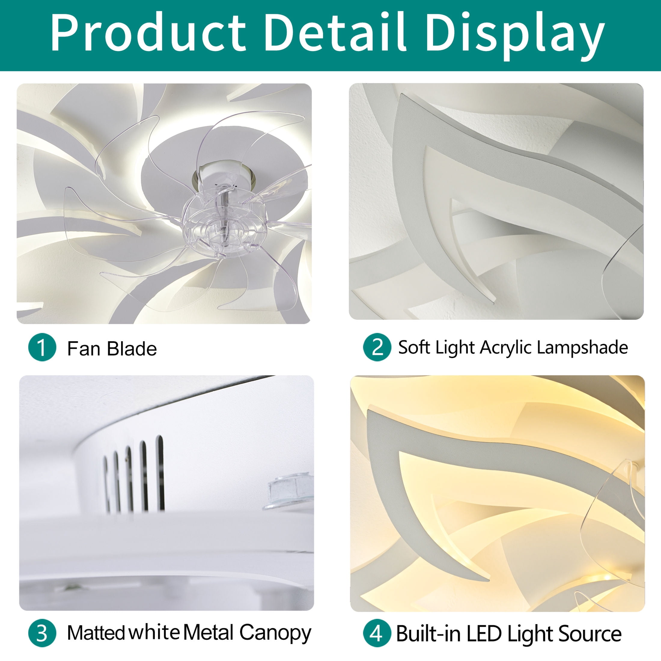 GDF Studio 15-Head Flower Modern Ceiling Fan with LED Lights & Remote Control, Low Profile Flush Mount Fandelier, White