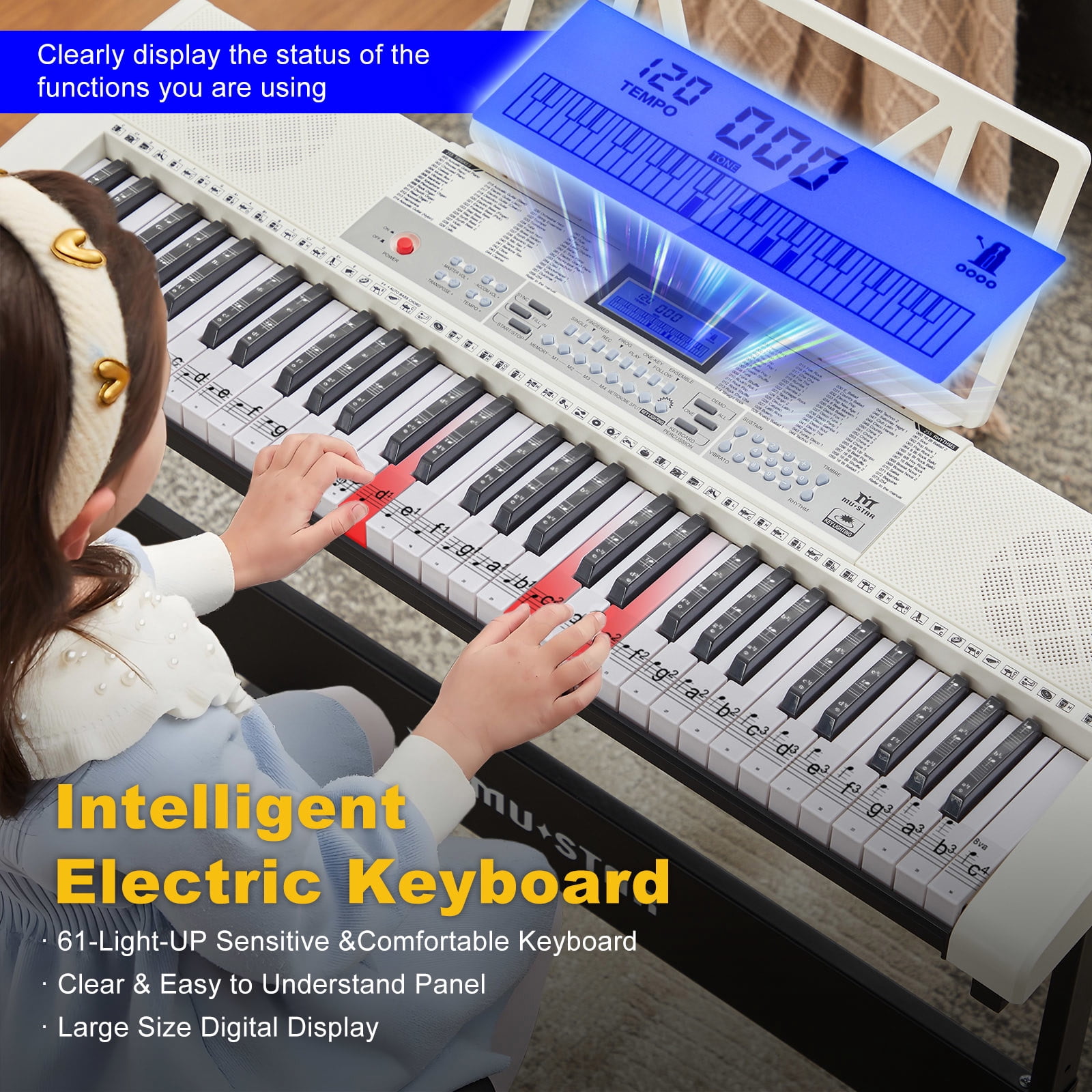 Mustar 61 Key Electric Lighted Keyboard Piano with 255 Tones/Rhythms, Smart Learning System, Headphone, Microphone, Keyboard Stand, Stool, Stickers (White)