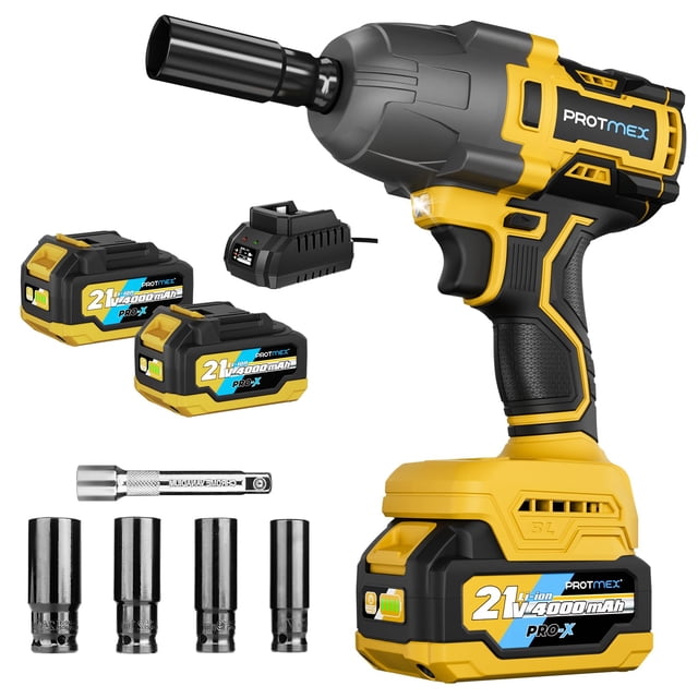 Llave de impacto Protmex, 900 pies libras (1200 N.m), 1/2 inalámbrica, 21 V