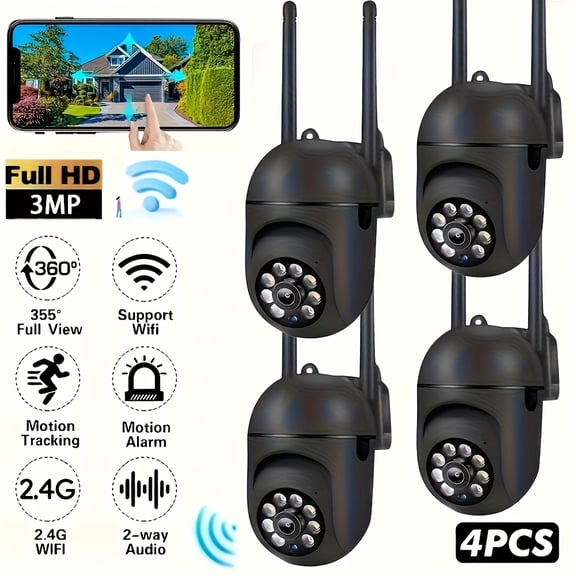 4-Pack 3MP 360 Panoramic Wireless Smart Dome Security Cameras  Color Night Vision, AI Motion Detection, 2-Way Audio, PTZ, Indoor/Outdoor, Wi-Fi & App Control