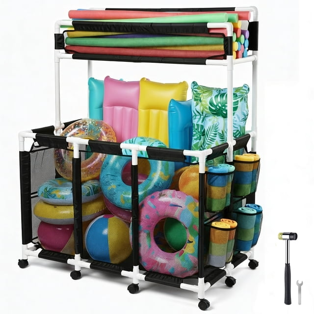 Yescom Bac de Rangement pour Flotteur de Piscine 424 Gallons 2 Couches 10 Roues Porte-Jouets en Maille