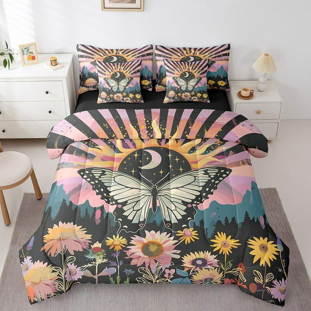 YST Ensemble de Literie Hippie Papillon 7 Pcs Boho Soleil Lune Étoiles, Complet