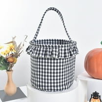 Black & Orange Halloween Plaid Basket with Tassel - 8.85x8.85x9.25in Barrel Shaped Treat Basket for Candy, Toys & Decor - Portable Trick or Treat Bucket for Kids & Party Supplies