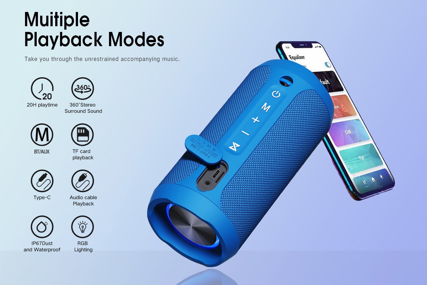 EDUPLINK Bluetooth Portable Speaker, Waterproof Outdoor Speaker, 20W, 20H Playtime, Blue, New