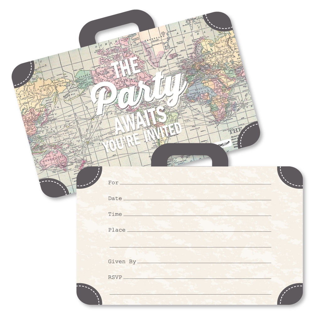 Big Dot of Happiness World Awaits - Shaped Fill-In Invitations - Travel Themed Invitation Cards with Envelopes - Set of 12