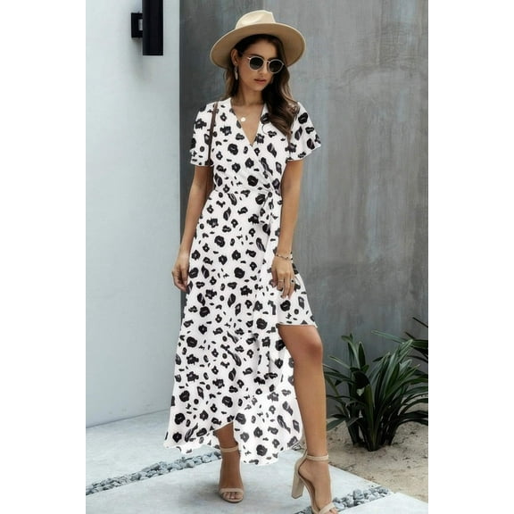 Allover Print High V Neck Low Wrap Dress