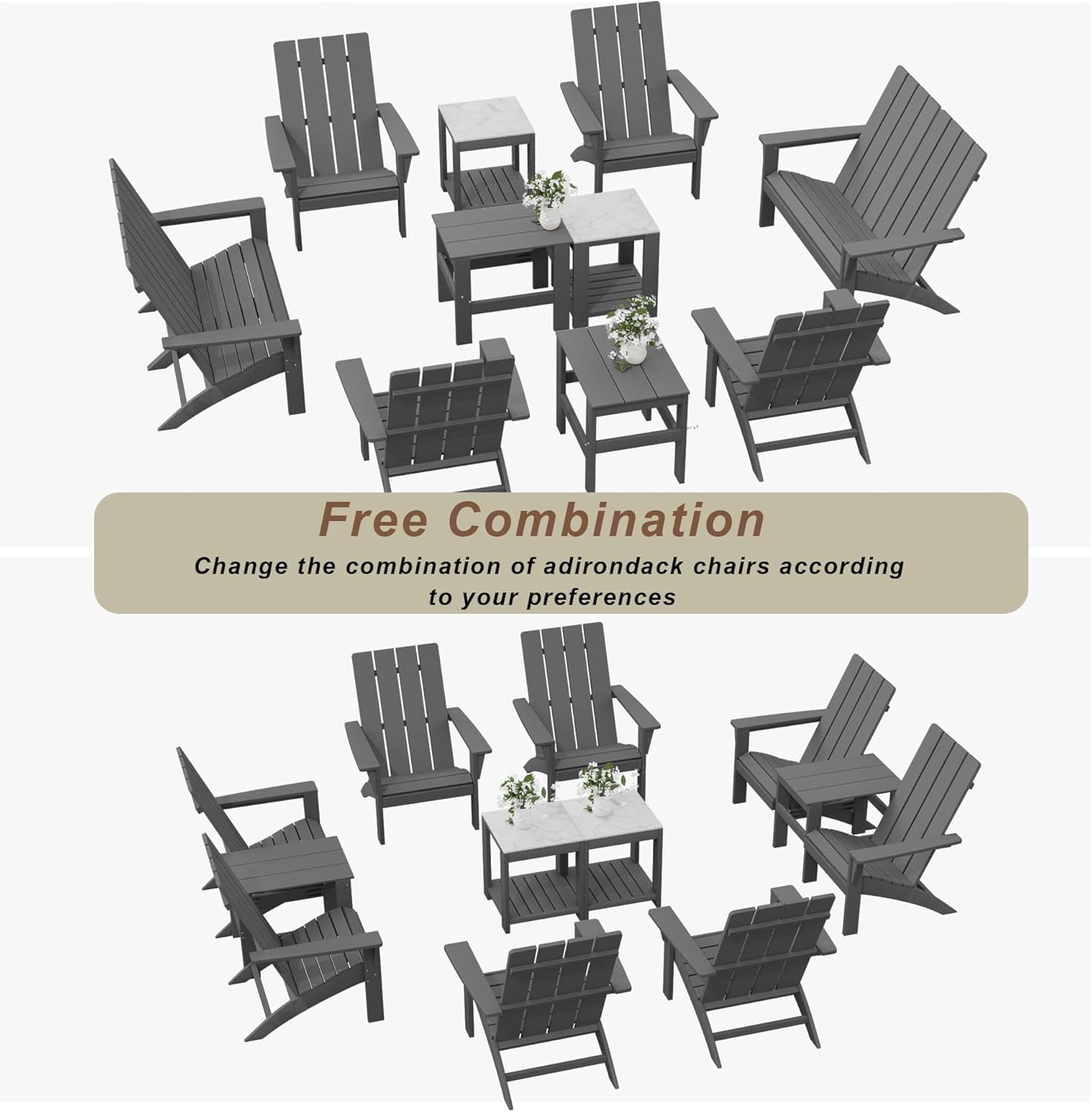ALAULM All-Weather HDPE 8PCS Modular Flexible Combination Adirondack Conversation Set with Marble-Look Interlocking Side Tables for Deck Patio Poolside, Gray