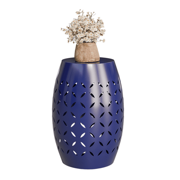 Hassch Outdoor Side Table, 9.4 inch Round End Table with Hollw-Out Design, Indoor & Outdoor Metal Table for Patio Garden Backyard, Blue