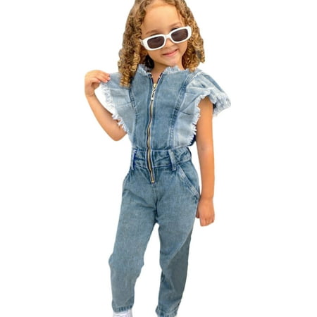 

Toddler Baby Girls Summer Flying Sleeve Jumpsuit Solid Color Jean Denim Zipper Jumpsuit Outwear Toddler Girls Clothes Newborn Infant Child Clothing Streetwear Kids Dailywear Outwear