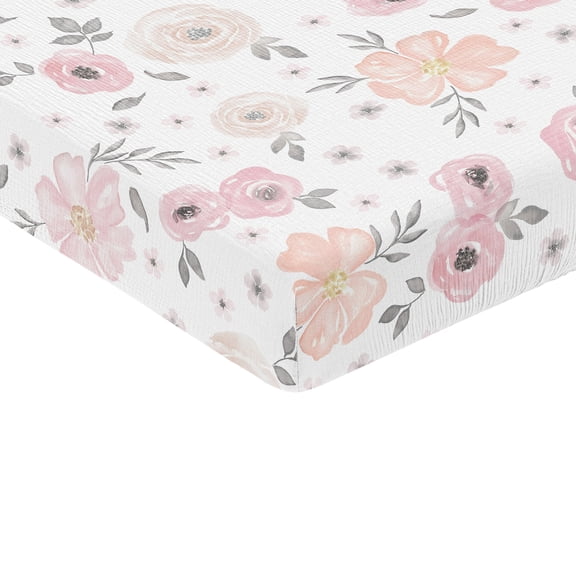 Sweet Jojo Designs Watercolor Floral Pink and Grey Girl 100% Cotton Muslin Fitted Crib Sheet