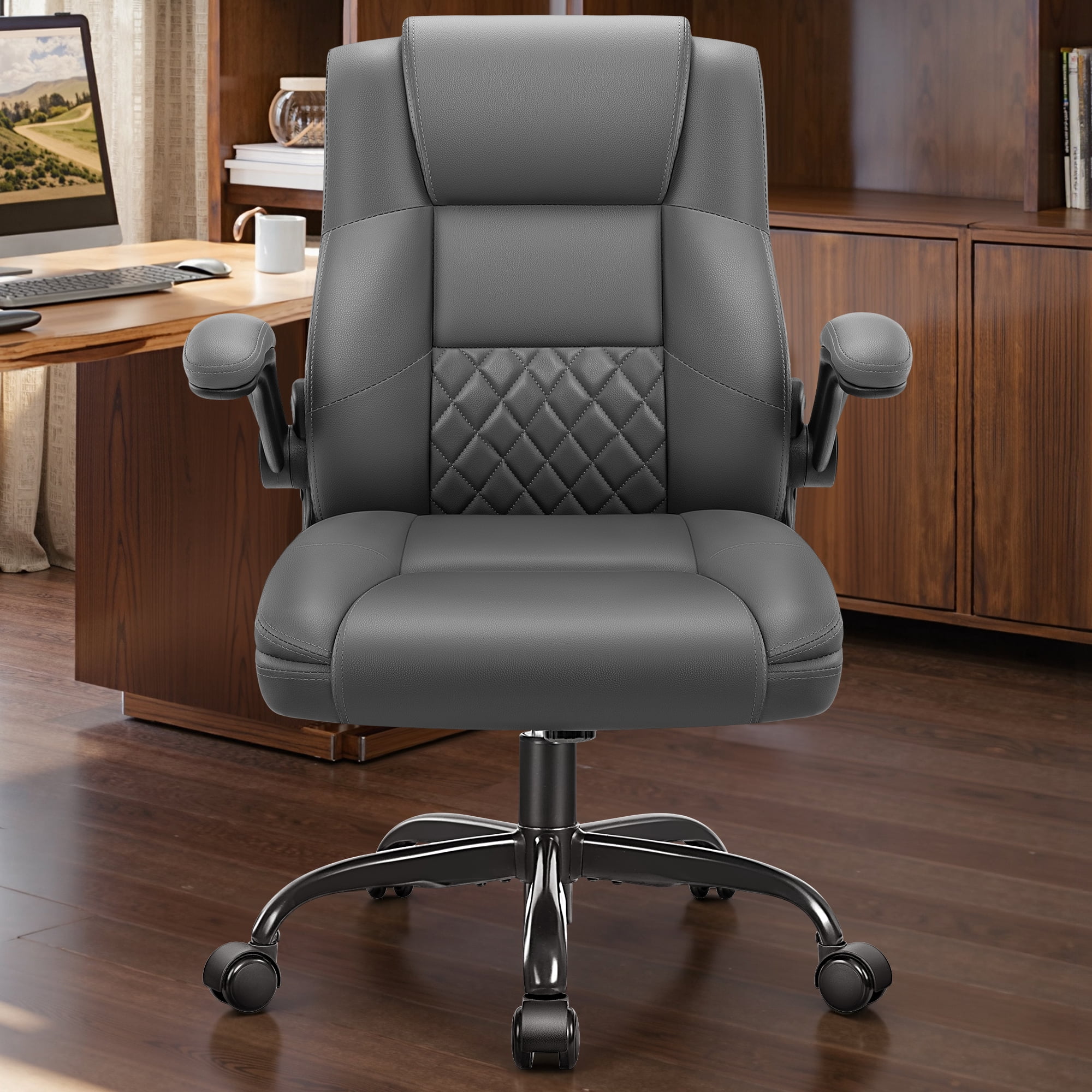 COOLHUT Office Chair, Executive Leather Chair Home Office Desk Chairs, Computer Chair with Adjustable Flip-up Padded Arms, Lumbar Support Swivel Desk Chair with Adjustable Hight and Tilt, Dark Gray