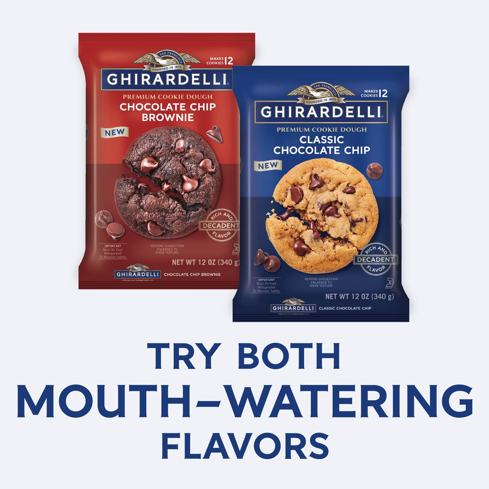 GHIRARDELLI Premium Refrigerated Chocolate Chip Brownie Cookie Dough, 12 oz Package, 12 Cookies