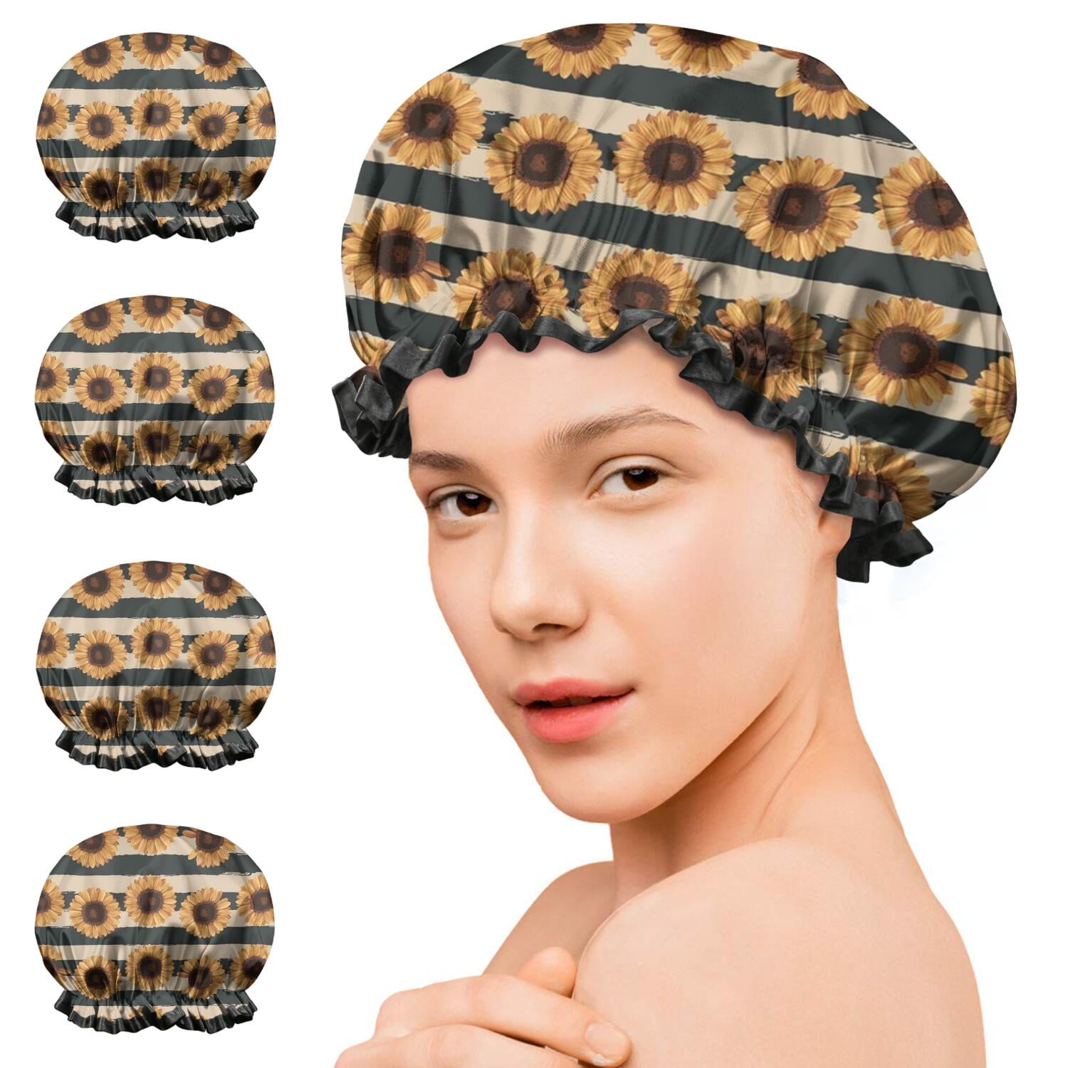 Shower Caps,Beige Stripe Sunflower Pattern Waterproof Shower Cap for Women 4 Pieces,Double Reusable Hair Cover for Shower PEVA Elastic Stretch Hem