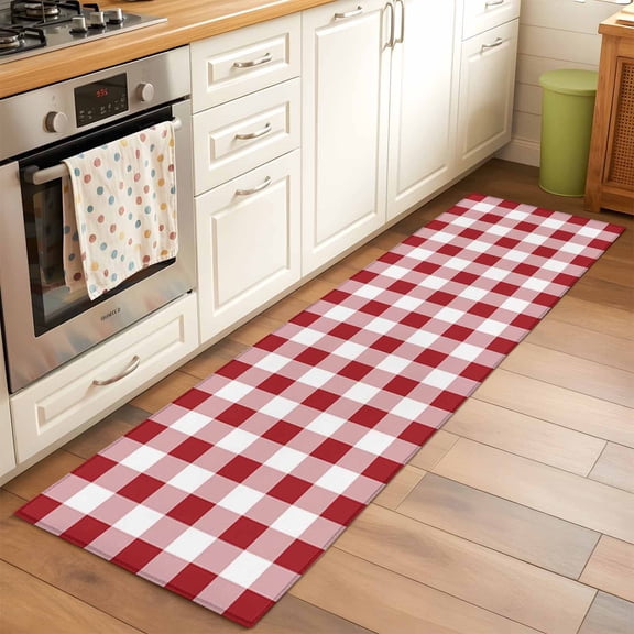 2x6 Kitchen Runner Rug, Farmhouse Red Plaid Non-Skid Rubber Backing Large Rectangle Rugs - Living Room Bedroom Home Office, Rustic Red White Checkered Indoor Floor Mat Carpets Washable Rug