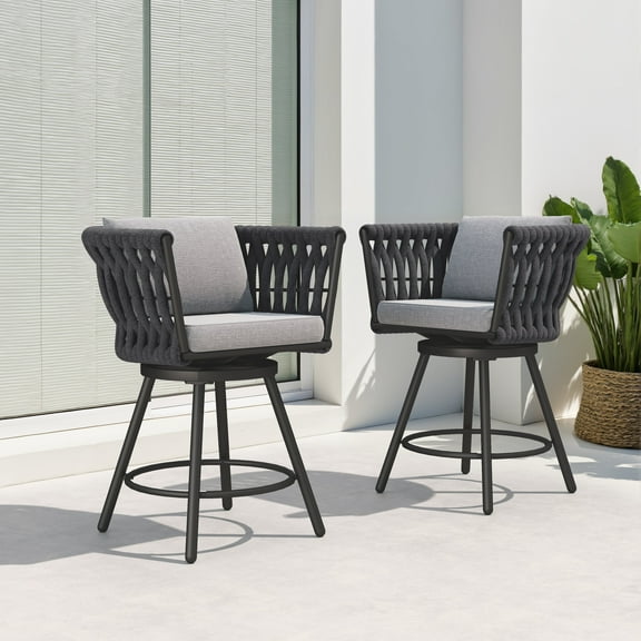 GRANDPATIO Outdoor Patio High Bar Chairs Set of 2,Swivel Rope Wicker Patio Dining Chairs with Removable Cushions,Charcoal
