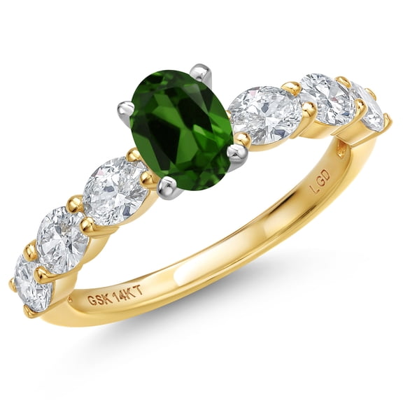 Gem Stone King 14K Two Tone Gold Green Chrome Diopside and Lab Grown Diamond Engagement Ring for Women | 1.45 Cttw | Oval 6X4MM | Gemstone Birthstone | Size 8