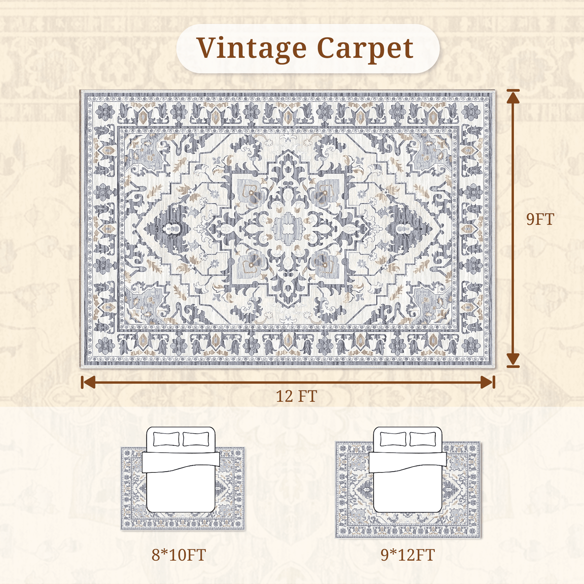 LIFERECORD 9x12ft Boho Area Rug Washable Non-Slip, Modern Geometric Neutral Vintage Low-Pile Carpet for Living Room, Bedroom, Dining Room, Kitchen