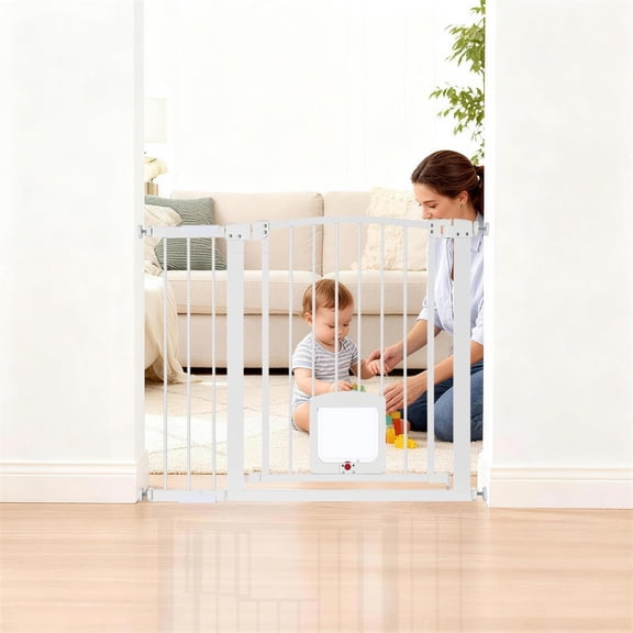 Pet Safety Gate, 30–41 Inch Wide Pressure Mount Dog Gate with Double Lock, Drill-Free Indoor Pet Barrier Gate for Doorways, Hallways, Stairs, White & Curved Adjustable