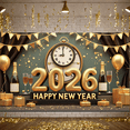 thumbnail image 5 of Gold Theme Happy New Year Banner Vintage Clock Design 2026 New Year Display Golden Balloons Gift Boxes New Year Backdrop for New Year Party 2026 Celebration Indoor Decoration, 5 of 9