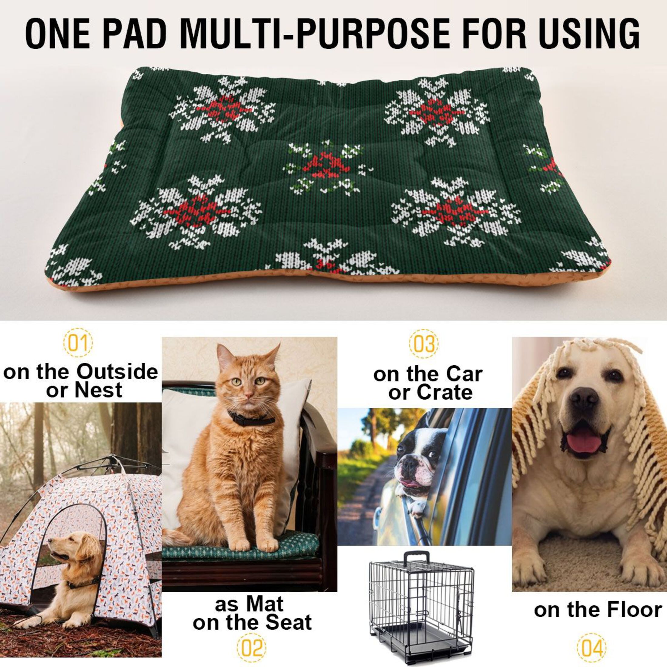 Cozy Mat Pet Bed Indoor Outdoor Warm Soft For Cat Dog Puppy(S/M) Snowflake Dark Green