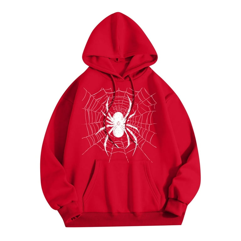 Men's Red Hoodie with Spider Web Design Comfortable Pullover