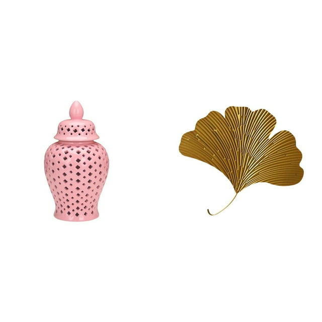 Jarrón De Jengibre De Porcelana Con Tapa Para Arreglos Florales Y Almacenamiento Decorativo Con Hojas De Ginkgo De Hierro Forjado, Escultura Abstracta Montada En La Pared Para Sala De Estar,