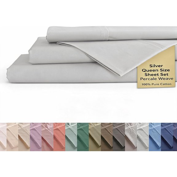 100% Cotton Percale Sheet Set Queen 4 Pc Silver Deep Pocket 15" Fitted Flat and 2 Pillowcases