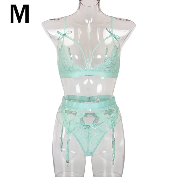 Conjunto de ropa interior de encaje floral de 3 piezas para mujer, sujetador sexy, bragas, liguero, azul cielo, M Vogacara XX000052-17