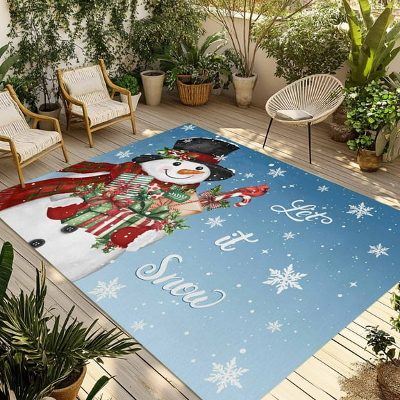 Fsddascl Blue Christmas Snowman Outdoor Rug for Patio/Deck/Porch, Non-Slip Large Area Rug 5 x 8 Ft, Xmas Botanical Birds Snowflake Indoor Outdoor Rugs Washable Area Rugs, Camping Rug Carpet Runner