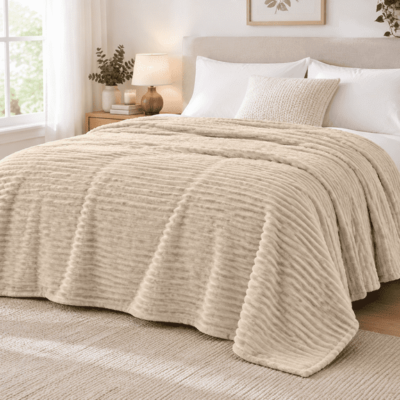 Beige Queen(90"x90") 3D Ribbed Microfiber Fleece Bed Blanket