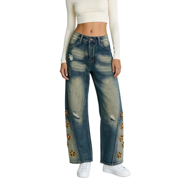 Women's Distressed Embroidery Jeans Vintage Y2K Straight Leg Denim Pants High Waist Stretchy Wide Leg Casual Denim Trousers with Pocket