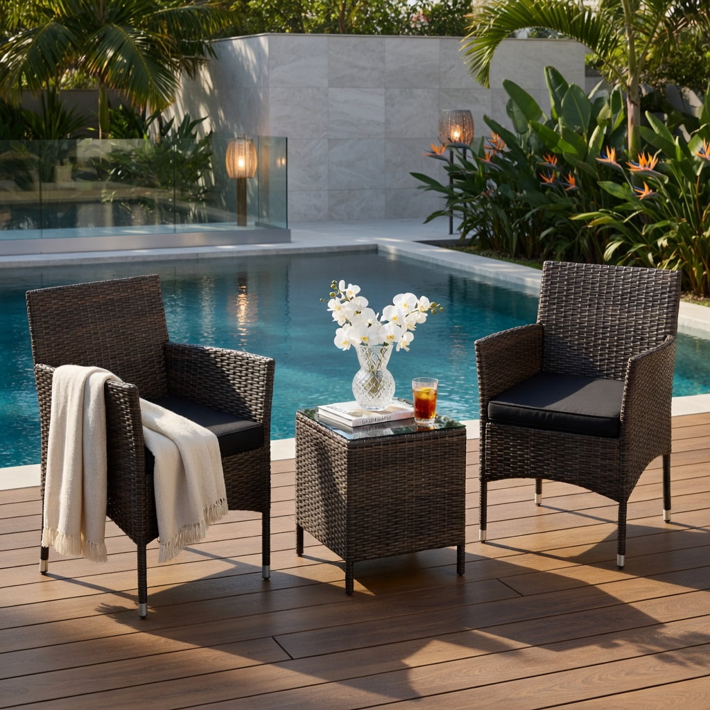 Hommoo 3-Piece Outdoor Wicker Conversation Set, Metal Frame, Tempered Glass Coffee Table & Ergonomic Rattan Chairs for Patio, Backyard, Poolside, Black