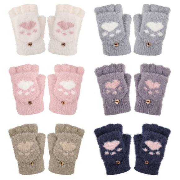 Bocaoying 6 Pairs Women Fingerless Gloves for Girls, Convertible Flip Top Gloves, Winter Half Finger Mitten with Cat Paw Design for Girl, Purple, Khaki, White, Gray, Blue, Pink, One Size