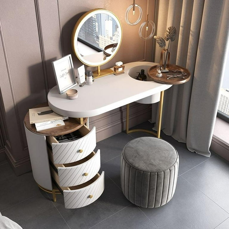 White Makeup Vanity Dressing Table with Swivel Cabinet Mirror & Stool  Included
