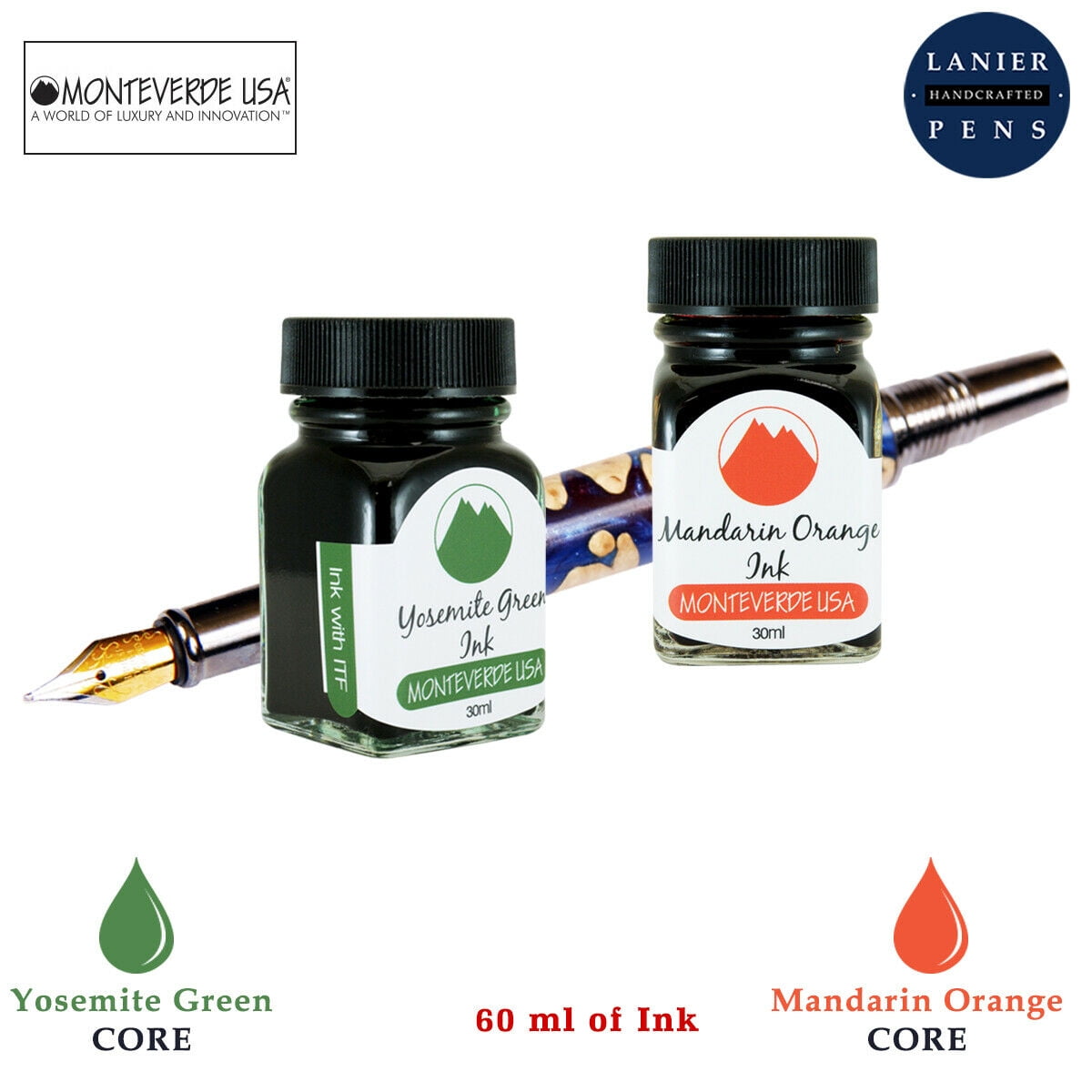 Monteverde 60ml Core Fountain Pen Ink Bottle (30ml Yosemite Green Ink Bottle G309YG, 30ml Mandarin Orange Ink Bottle G309MO)
