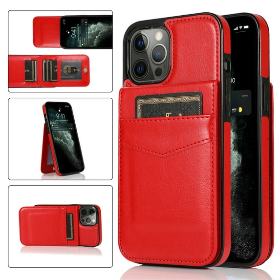 Elehold Card Slot Case for iPhone 14 Pro Max 6.7" Case,Luxury Leather and Flexible TPU Hybrid Shockproof Case with Magnetic Closure Card Slot Kickstand Case Cover,Red