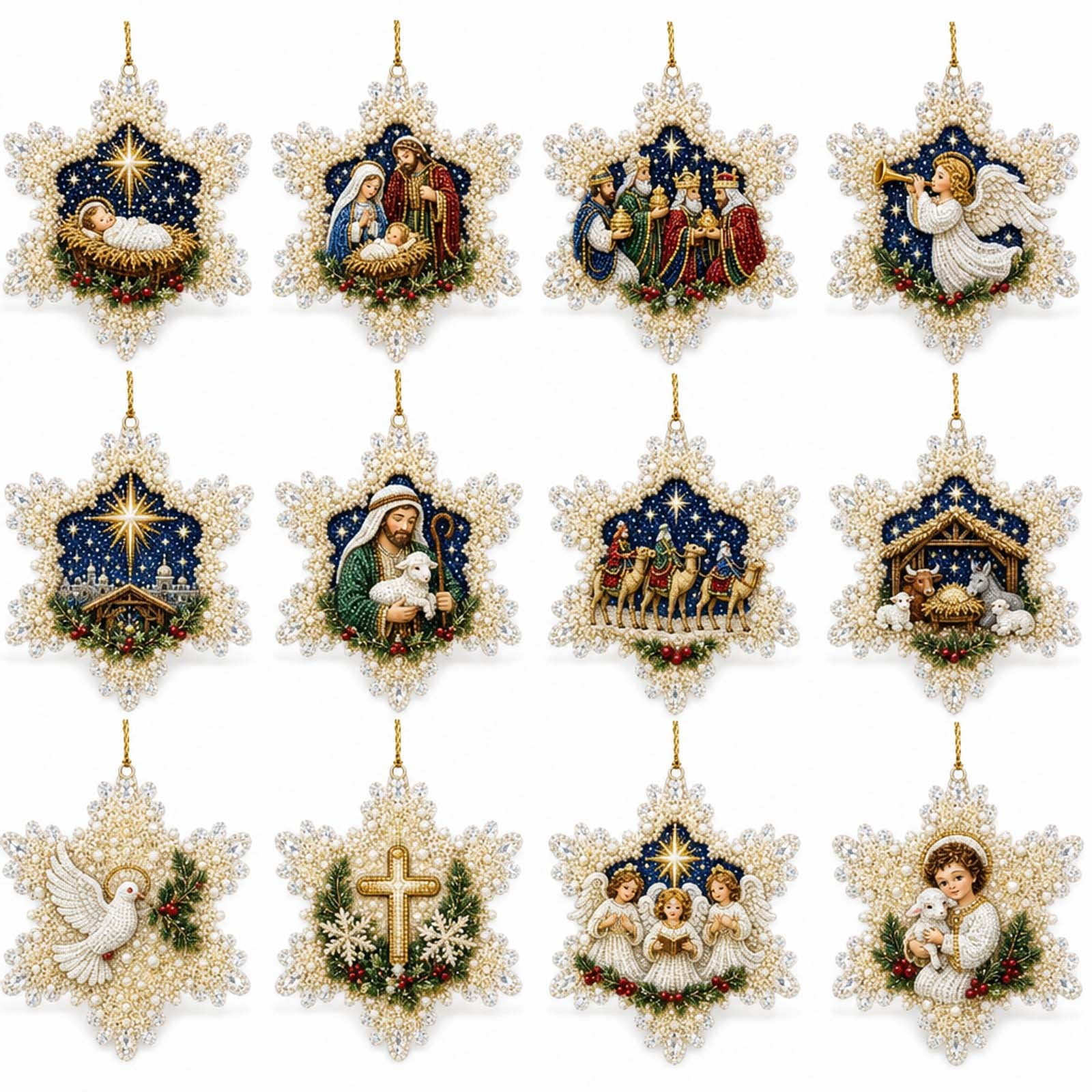 12 Pack DIY Christmas Nativity Snowflake Ornaments Pearl Bead Rhinestone Craft Kit Religious Holy Family Hanging Pendants for Xmas Tree Wall Holiday Decor