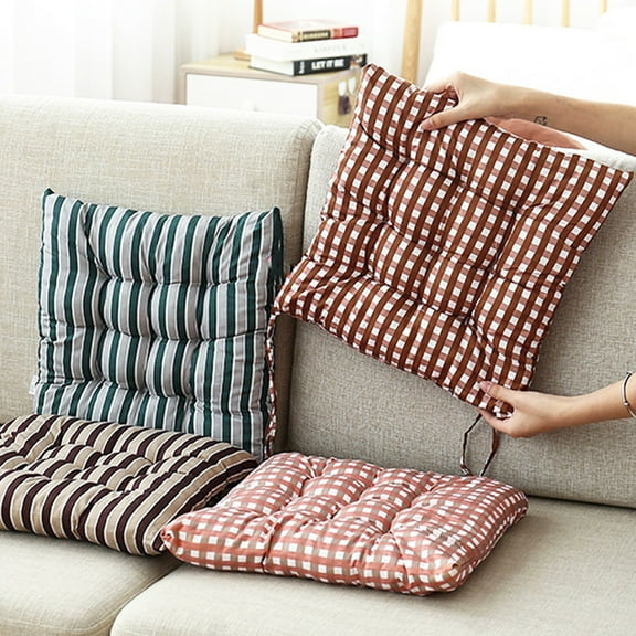 Chair Cushion Pads - Striped Dining Kitchen Office Chair Seat Cushion with Ties - Durable Cotton Fabric Cover - Indoor Use, 16x16 in