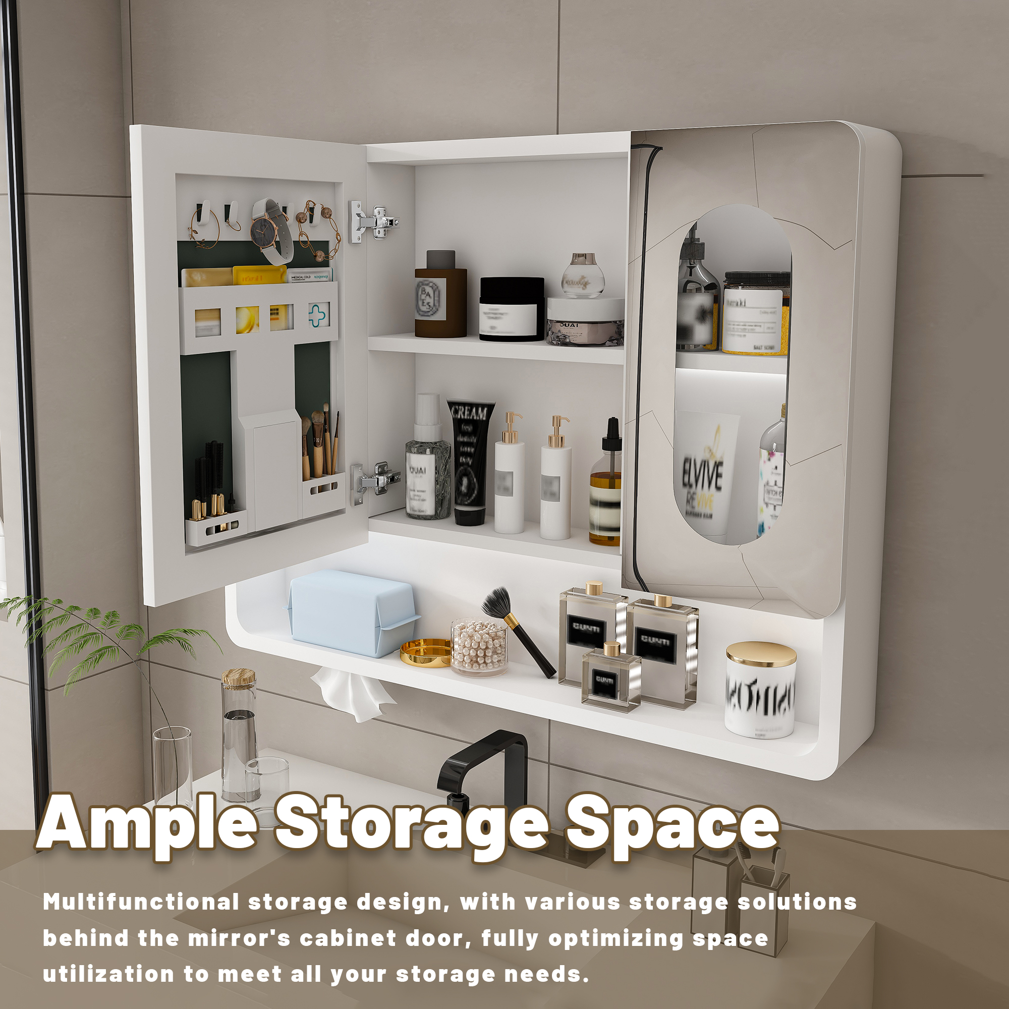Bathroom Mirror Cabinets, Medicine Cabinets, Wall Mounted Bathroom Mirror Cabinet with LED Lights, Touch Control, 3 Color Lighting, Aluminum Alloy Construction, Spacious Storage for Bathroom, White