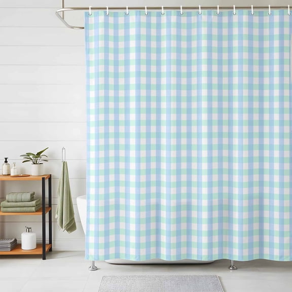 Shower Curtains for Bathroom, Aqua Blue Green Waterproof Fabric Shower Curtain, Checkered Plaid Gingham Lattice Trellis Decorative Bathroom Curtain for Bathtub, 72"x78", No Hooks Included