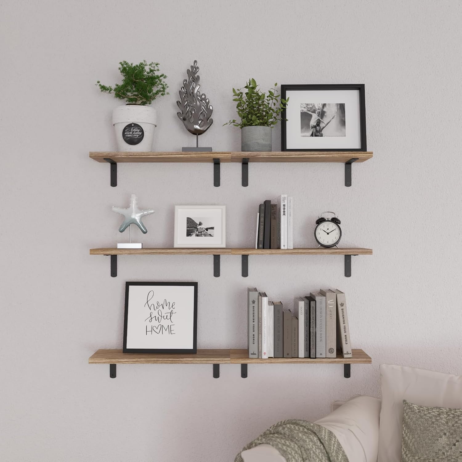 LSFA Wood Floating Shelf Set of 6, Farmhouse Wall Decor for Bedroom Bathroom Living Room Book Storage