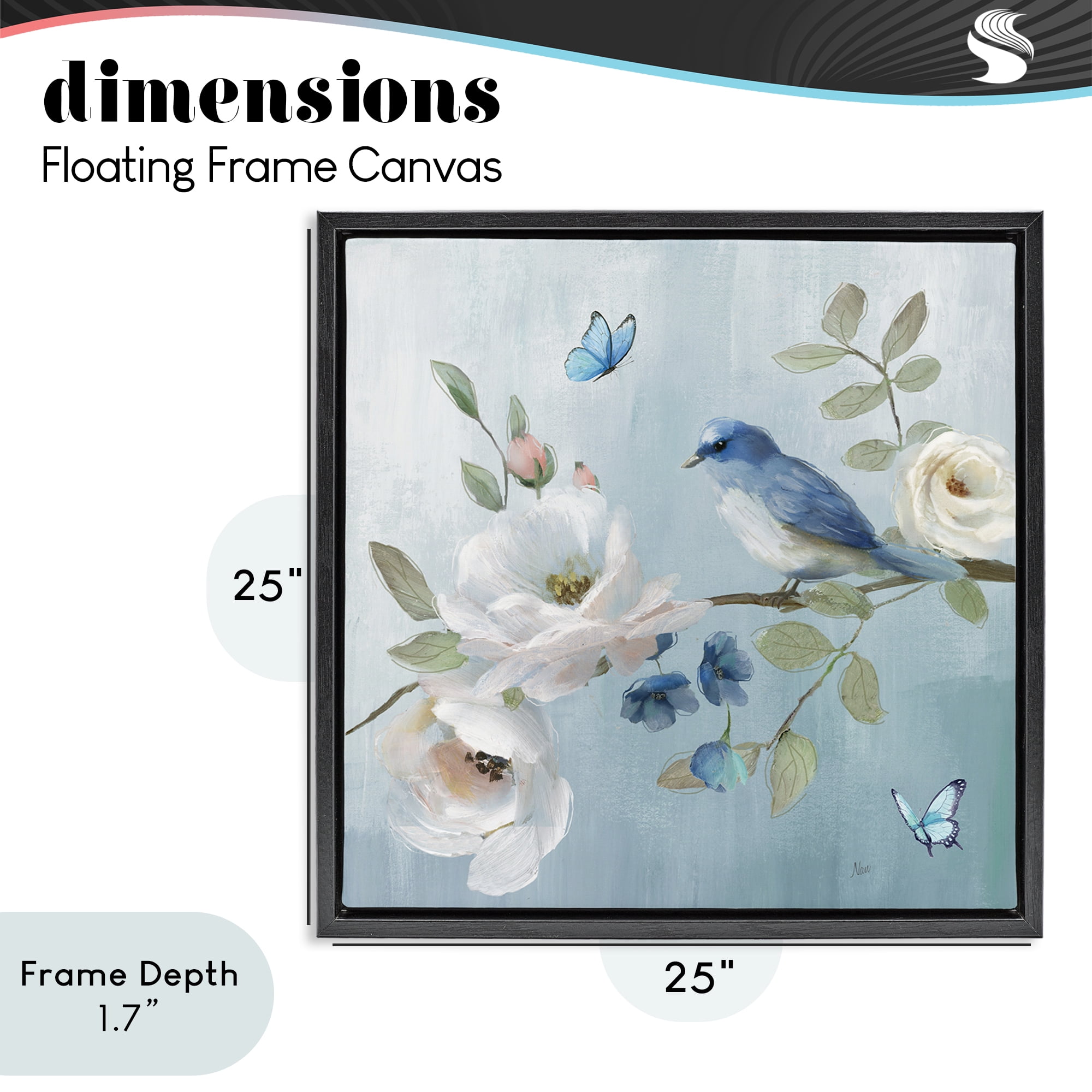 Stupell Industries Pastel Blue Bird Blooms Black Framed Floater Canvas Wall Art, design by Nan