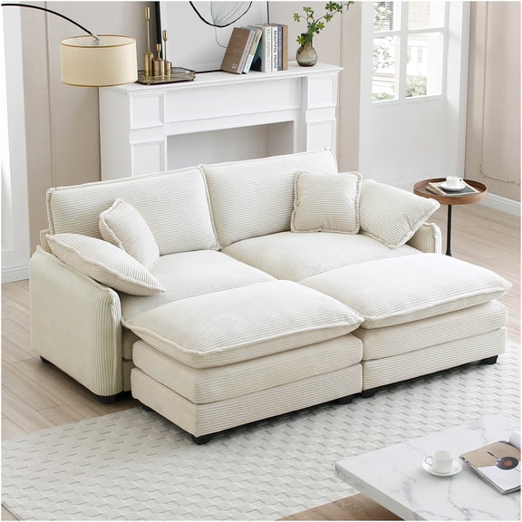 JERFIT Modern 2-Seater Loveseat Sofa with Ottoman, Small Space Beige Corduroy Fabric Couch for Living Room, Bedroom, Apartment