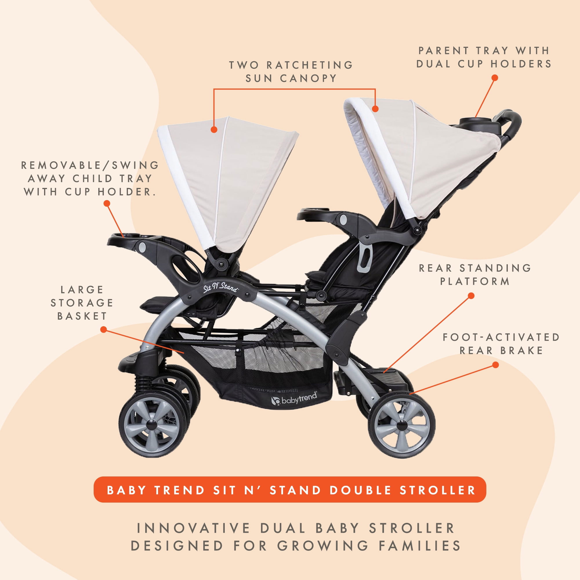 Baby Trend Sit N' Stand Easy Fold Travel Toddler  Baby Double Stroller, Khaki