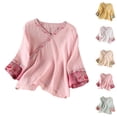 thumbnail image 1 of T-shirts en Coton et Lin pour Femmes 2026 Mode d'Été Manches Courtes Col en V T-Shirts Rétro Broderie, 1 of 3