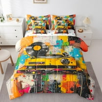 Feelyou Teens Street Graffiti Bedding Comforter Set 7 Pieces, Modern Watercolor Artwork Full Bedding Set, Hip Hop Music Reversible Fitted Sheet Flat Sheet, Super Cozy Room Decor