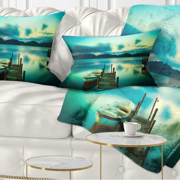 Designart Wooden Jetty and Boat in Sea - Seascape Throw Pillow - 12x20