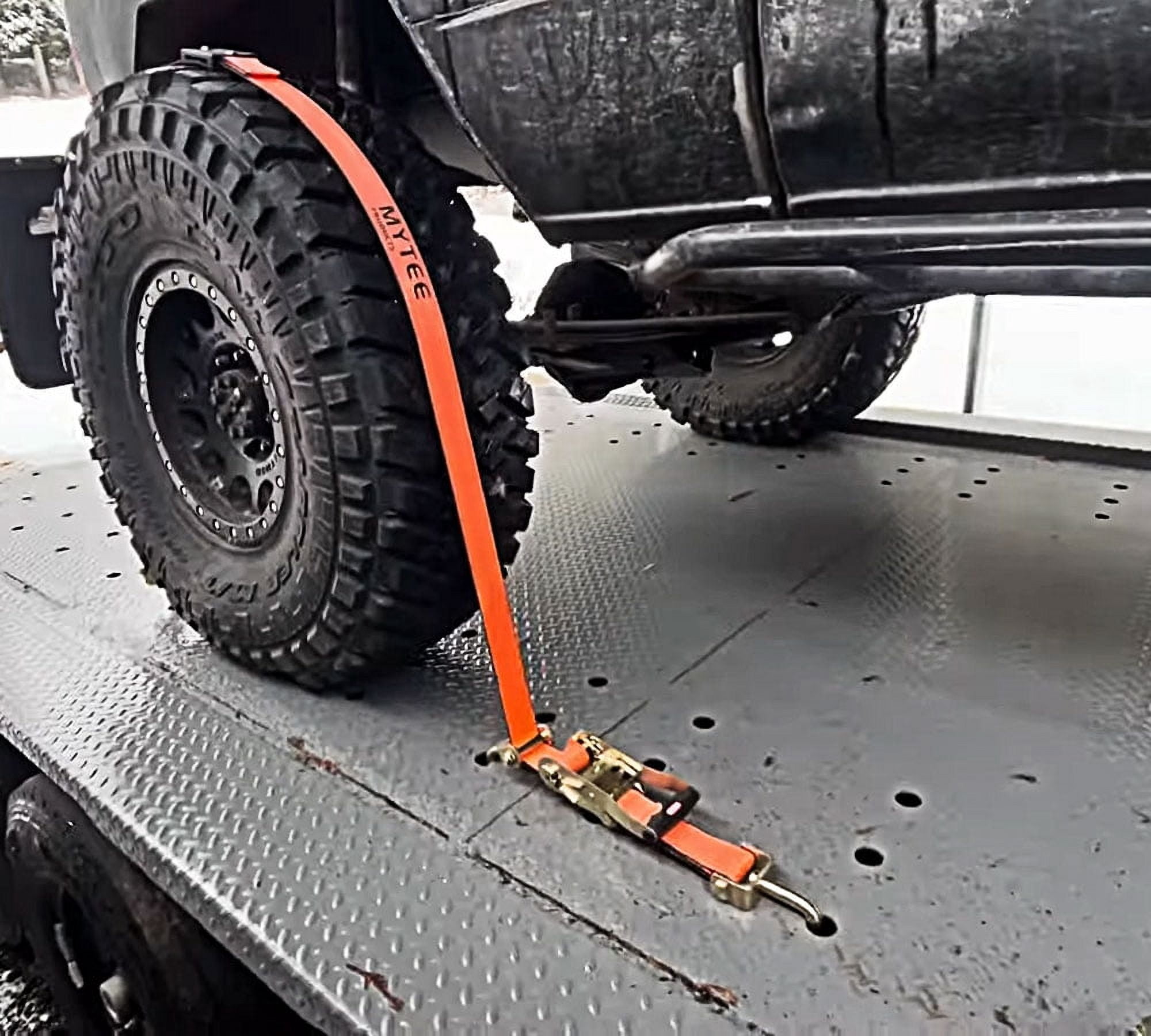4 Pack 2"x9' Over The Wheel Tire Straps w/ Ratchet, Swivel J Hook & Rubber Blocks -  3,333 LBS WLL High Abrasion Orange Webbing - Towing Tie Down Strap for Auto Car Hauler, Truck Bed
